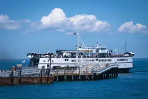 MARTHA’S VINEYARD, MASSACHUSETTS/USA – June 26: A ferry boat arrives at the dock on Martha’s Vineyard on June 26, 2011. Martha’s Vineyard is a popular island off Cape Cod in Massachusetts.